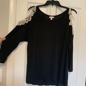 open shoulder button back crochet detail blouse